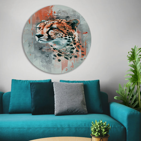 Digitale kunst van cheeta op abstracte achtergrond aluminium muurcirkel