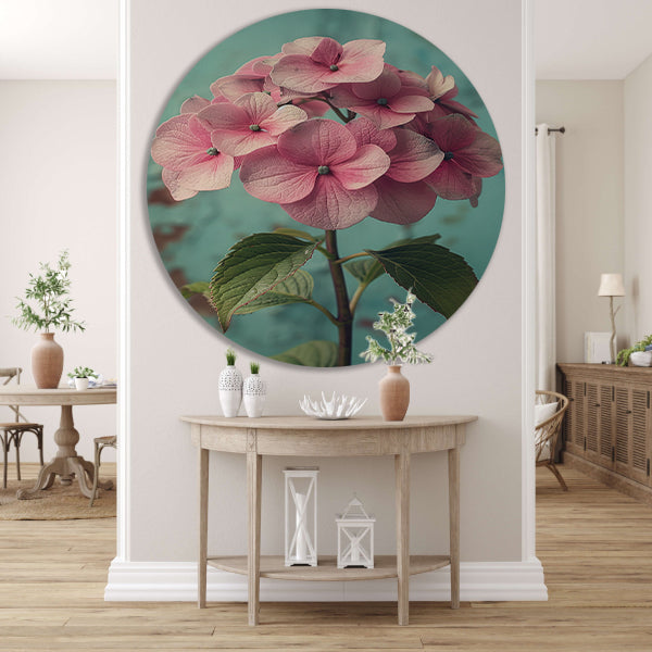 Close-up van Roze Hortensia met Turquoise Achtergrond forex muurcirkel