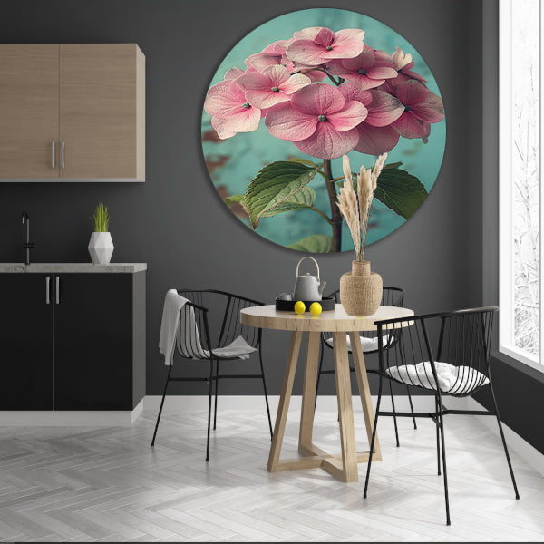 Close-up van Roze Hortensia met Turquoise Achtergrond forex muurcirkel