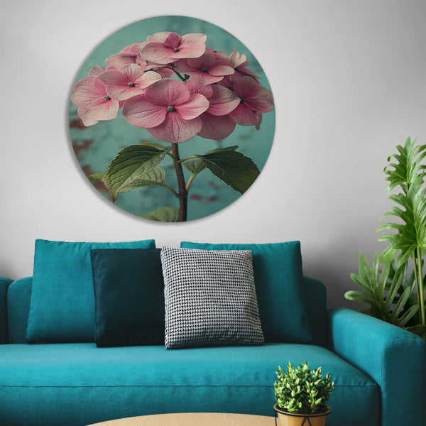 Close-up van Roze Hortensia met Turquoise Achtergrond forex muurcirkel