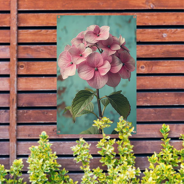 Close-up van Roze Hortensia met Turquoise Achtergrond tuinposter