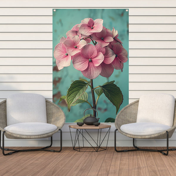 Close-up van Roze Hortensia met Turquoise Achtergrond tuinposter