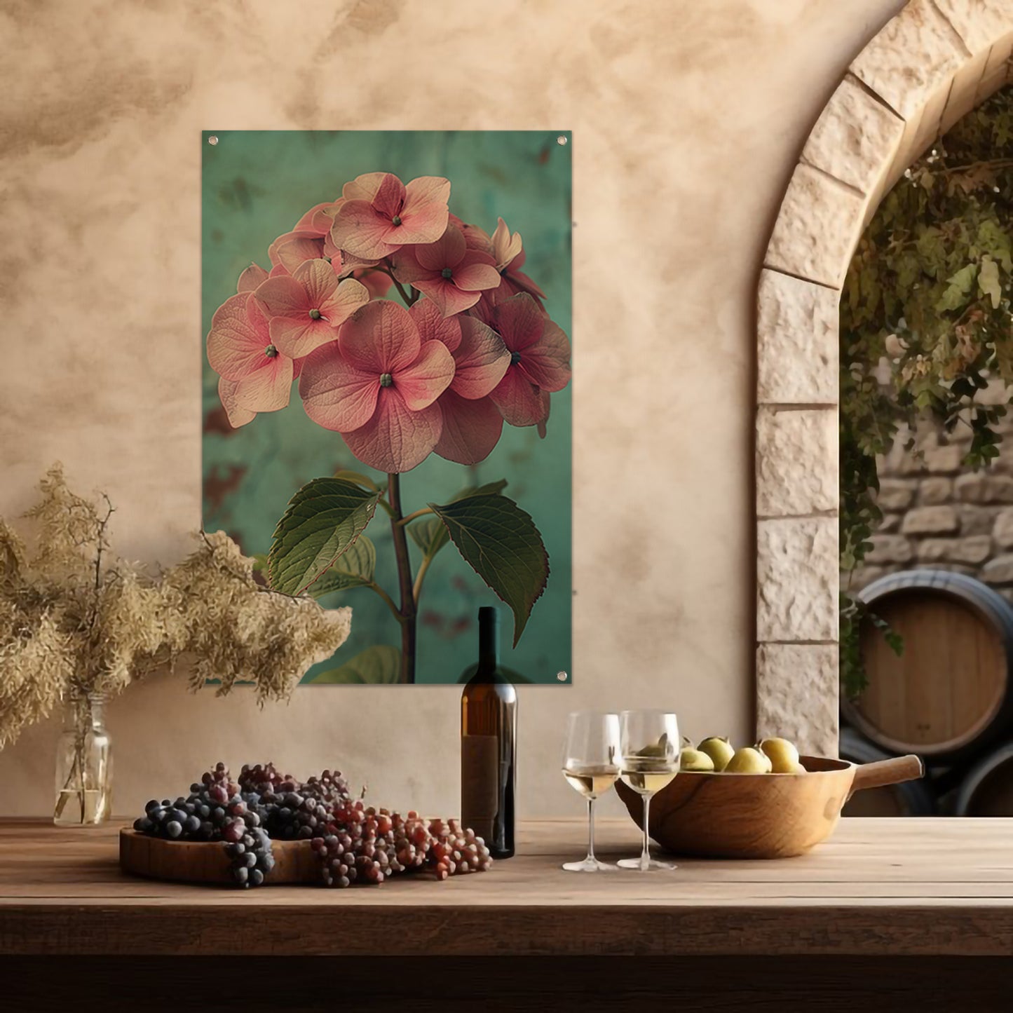 Close-up van Roze Hortensia met Turquoise Achtergrond tuinposter