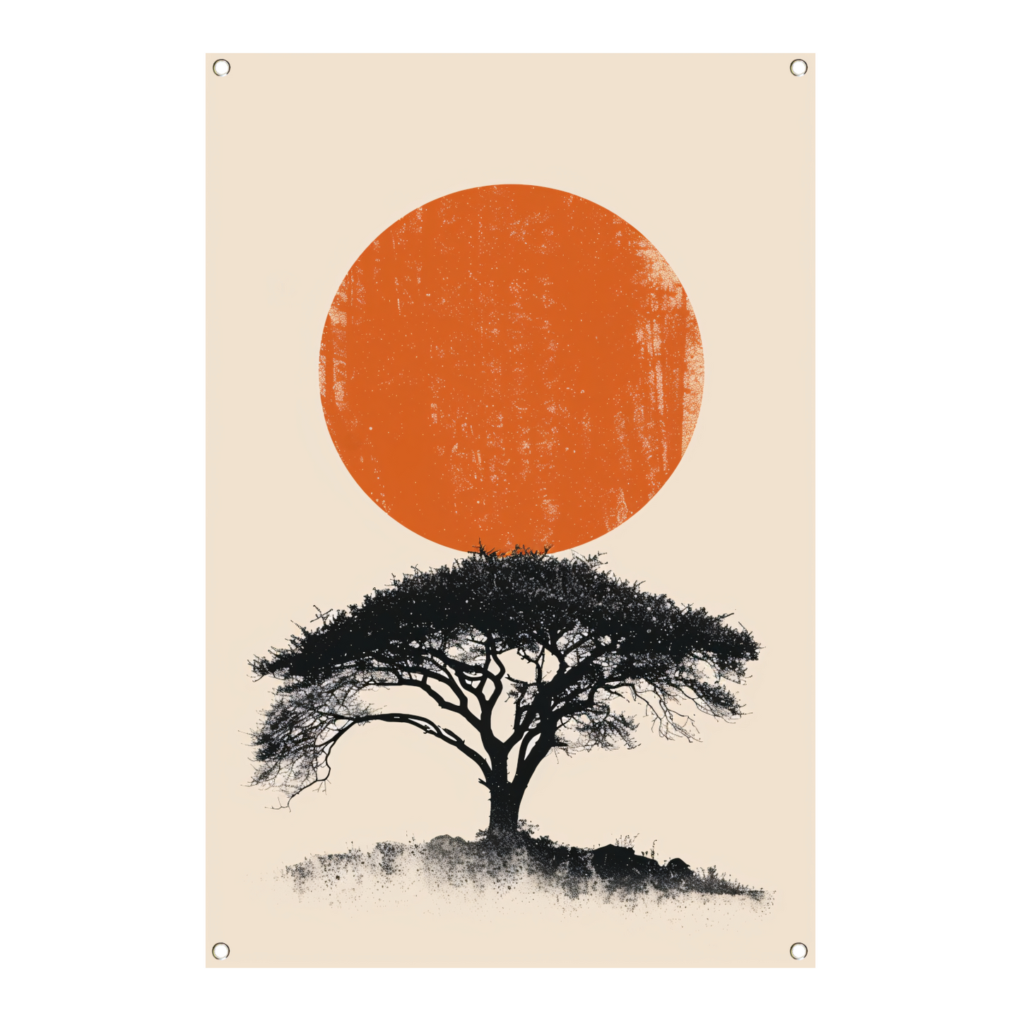 Minimale boom silhouet tegen oranje zon tuinposter