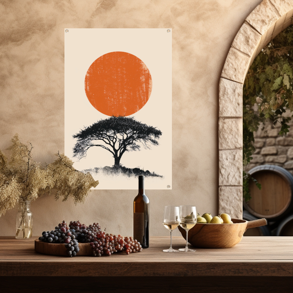Minimale boom silhouet tegen oranje zon tuinposter