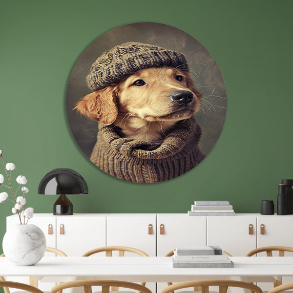 Golden Retriever Puppy in Winterkleding aluminium muurcirkel