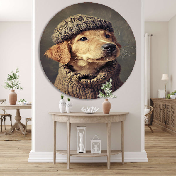 Golden Retriever Puppy in Winterkleding aluminium muurcirkel