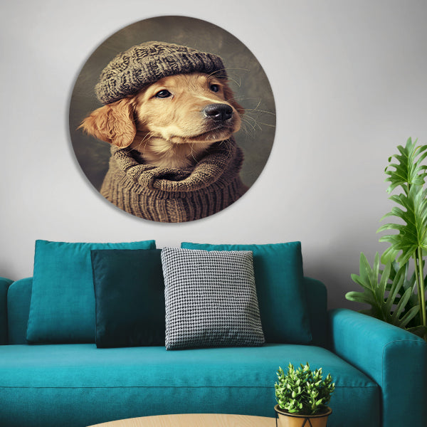 Golden Retriever Puppy in Winterkleding aluminium muurcirkel