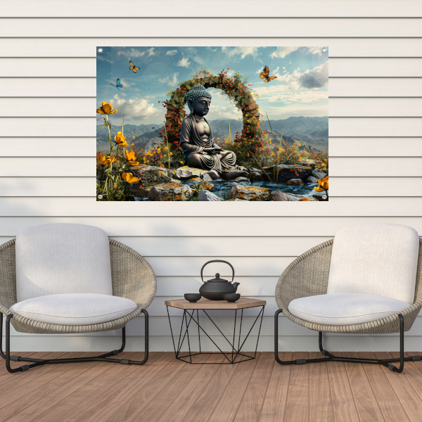 Meditatieve Boeddha Temidden van Bloemenpracht tuinposter