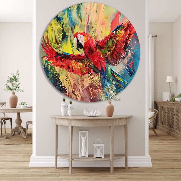 Kleurrijke abstracte schilderij van een papegaai aluminium muurcirkel