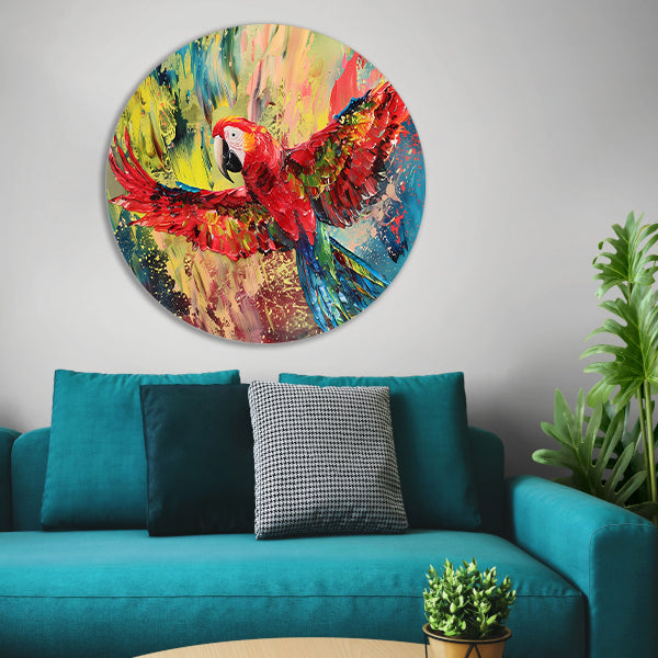 Kleurrijke abstracte schilderij van een papegaai aluminium muurcirkel