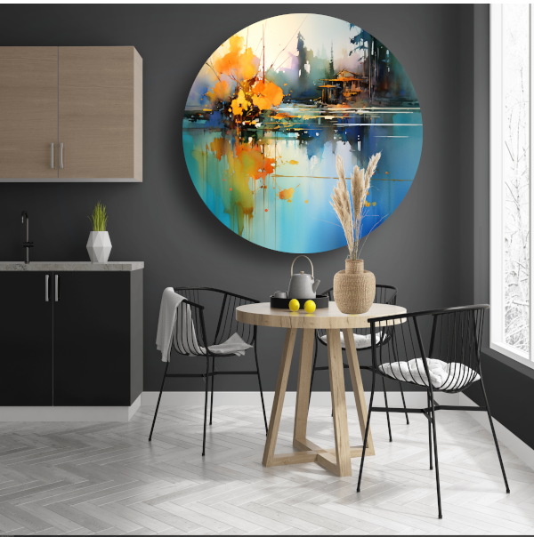 Minimalistisch meerlandschap met huis aluminium muurcirkel