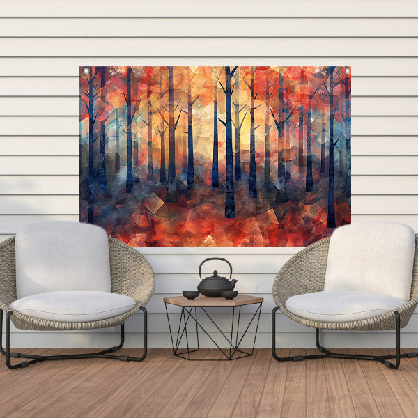 Kleurrijke abstracte bos schilderij in herfst tuinposter
