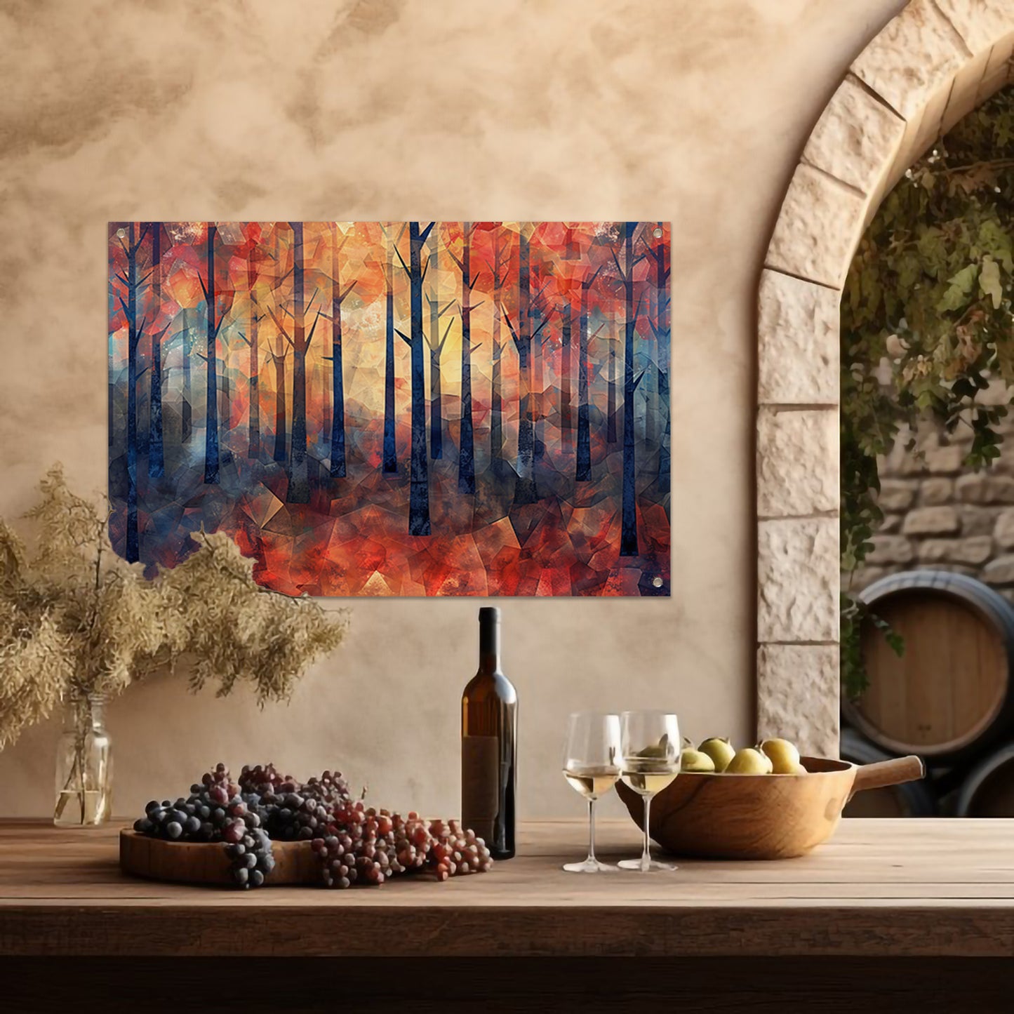 Kleurrijke abstracte bos schilderij in herfst tuinposter