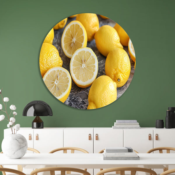 Citroenen stilleven op houten tafel aluminium muurcirkel