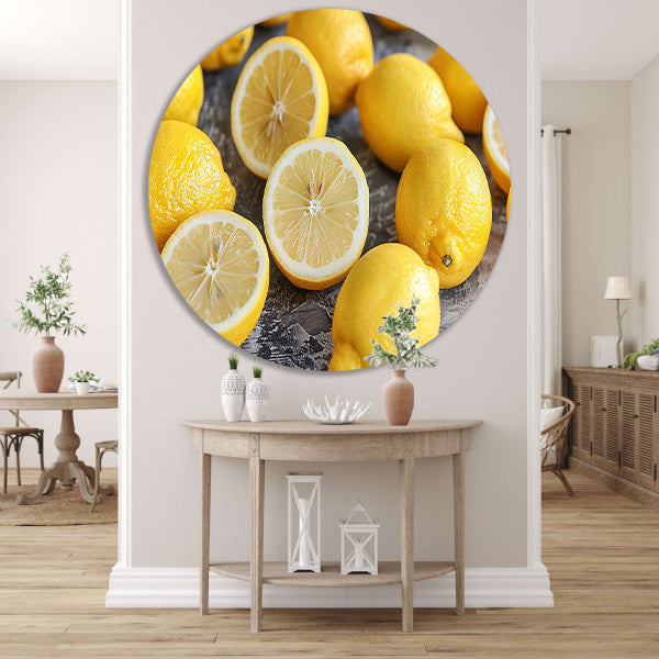 Citroenen stilleven op houten tafel aluminium muurcirkel