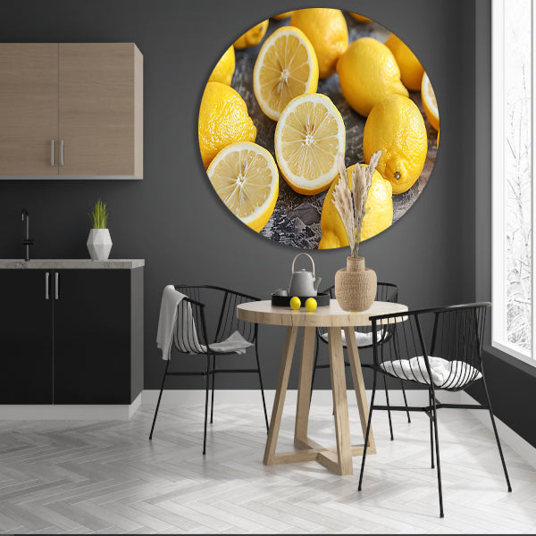 Citroenen stilleven op houten tafel aluminium muurcirkel