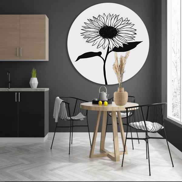 Minimalistische zwarte lijn zonnebloem kunst forex muurcirkel
