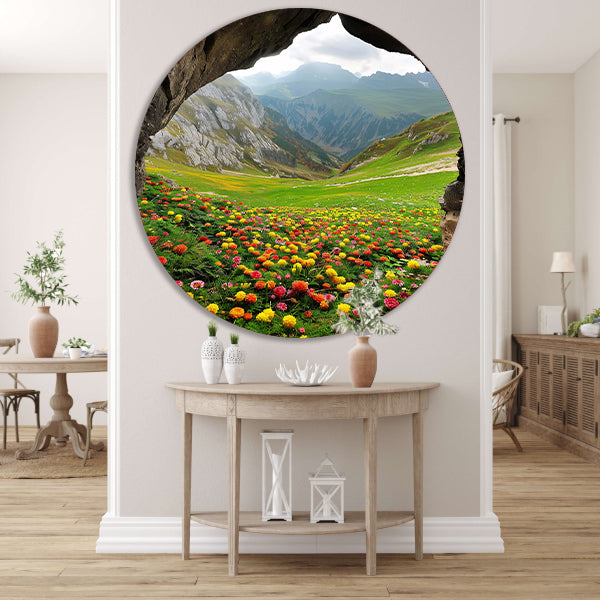 Kleurrijke bloemenzee in berglandschap forex muurcirkel