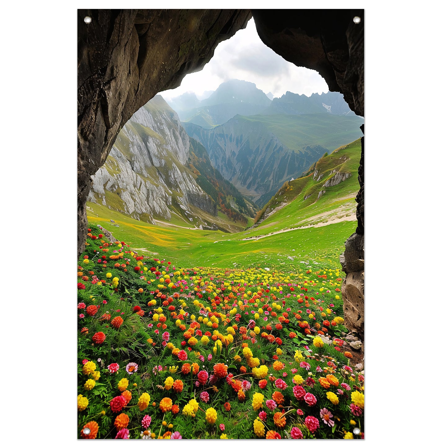Kleurrijke bloemenzee in berglandschap tuinposter