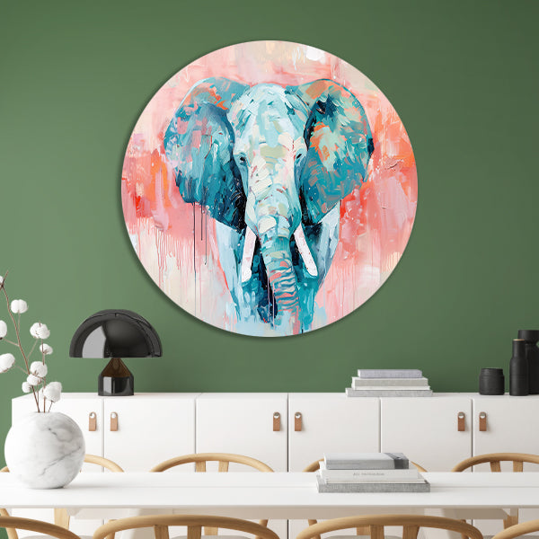Abstract olifant schilderij met levendige kleuren aluminium muurcirkel