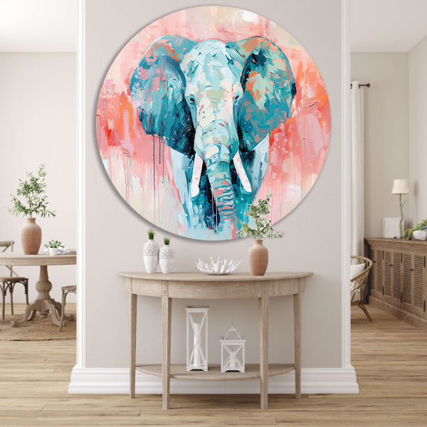 Abstract olifant schilderij met levendige kleuren aluminium muurcirkel