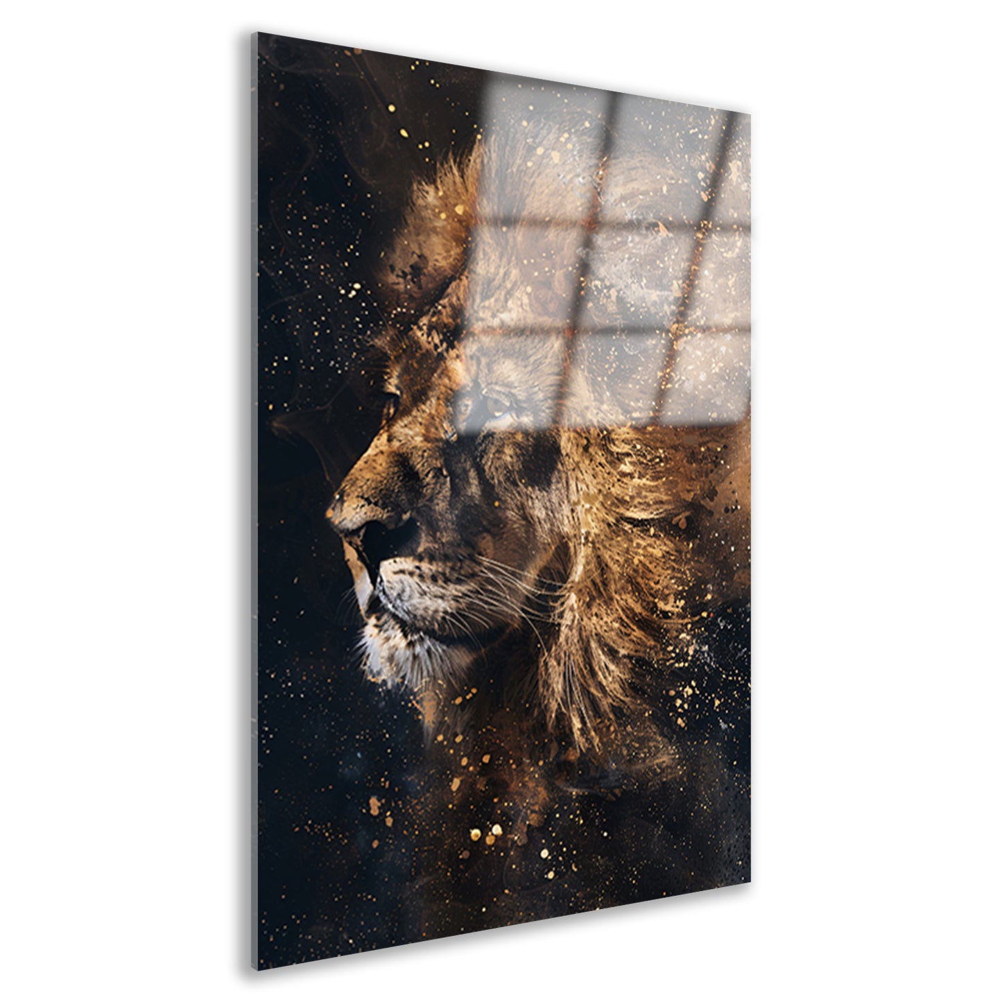 Mystiek leeuw portret met verfspetters acrylglas