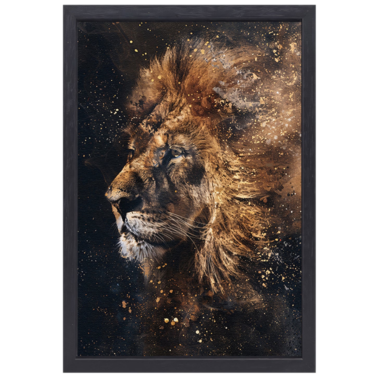 Mystiek leeuw portret met verfspetters canvas met baklijst