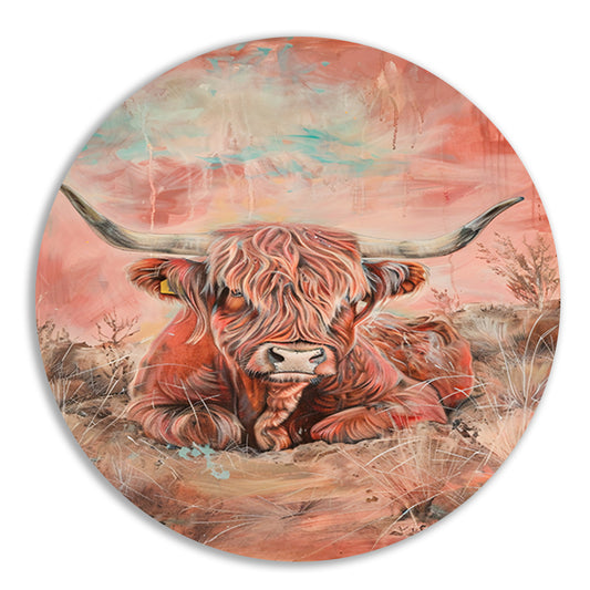 Schotse hooglander in levendig landschap schilderij aluminium muurcirkel
