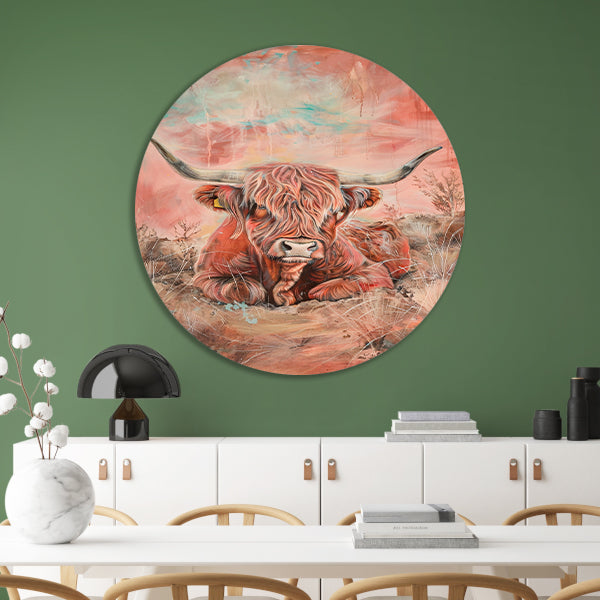 Schotse hooglander in levendig landschap schilderij aluminium muurcirkel