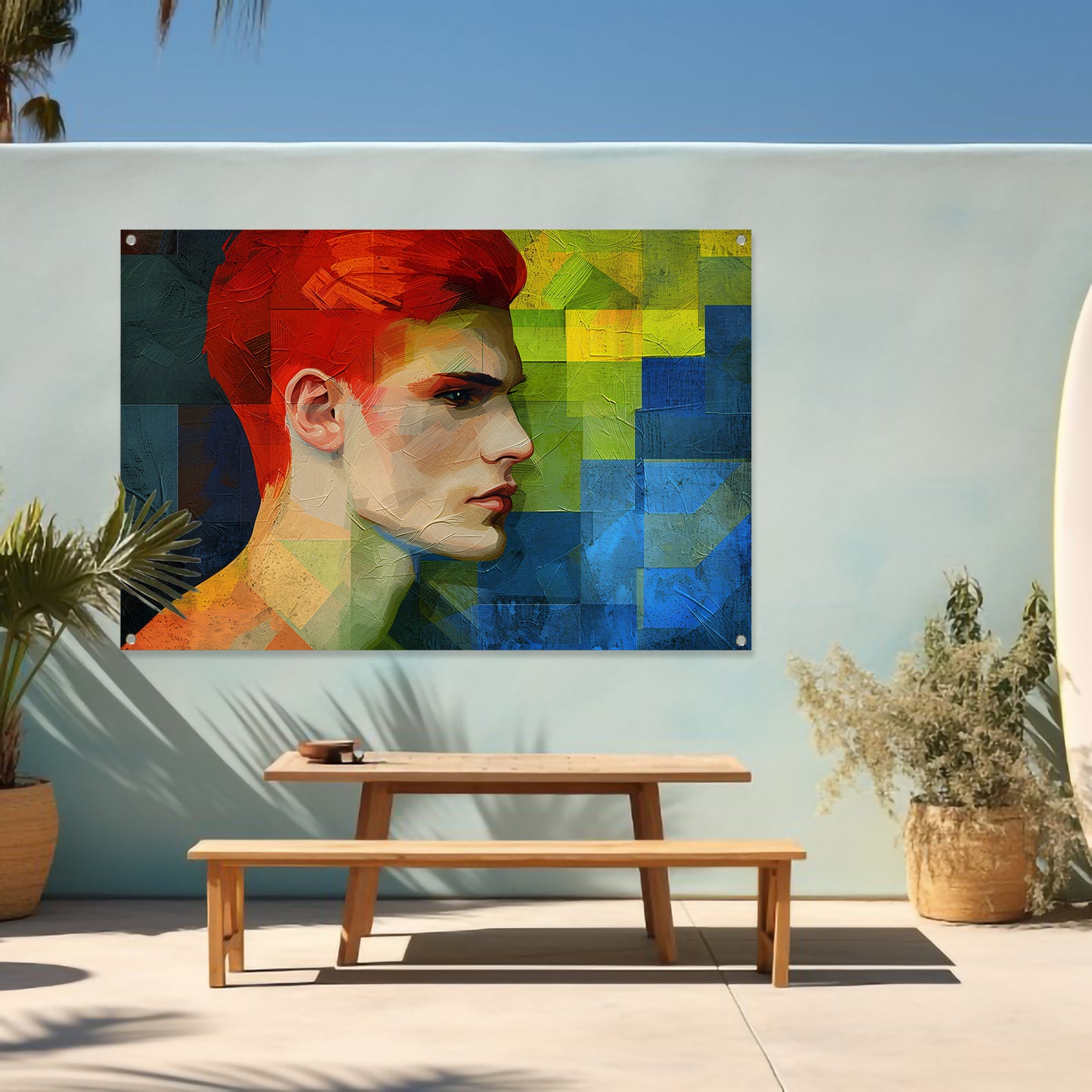 Abstract portret van man in levendige kleuren tuinposter