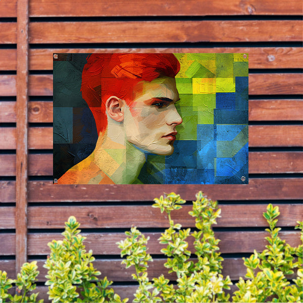 Abstract portret van man in levendige kleuren tuinposter
