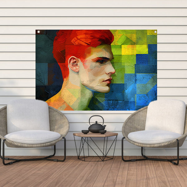 Abstract portret van man in levendige kleuren tuinposter