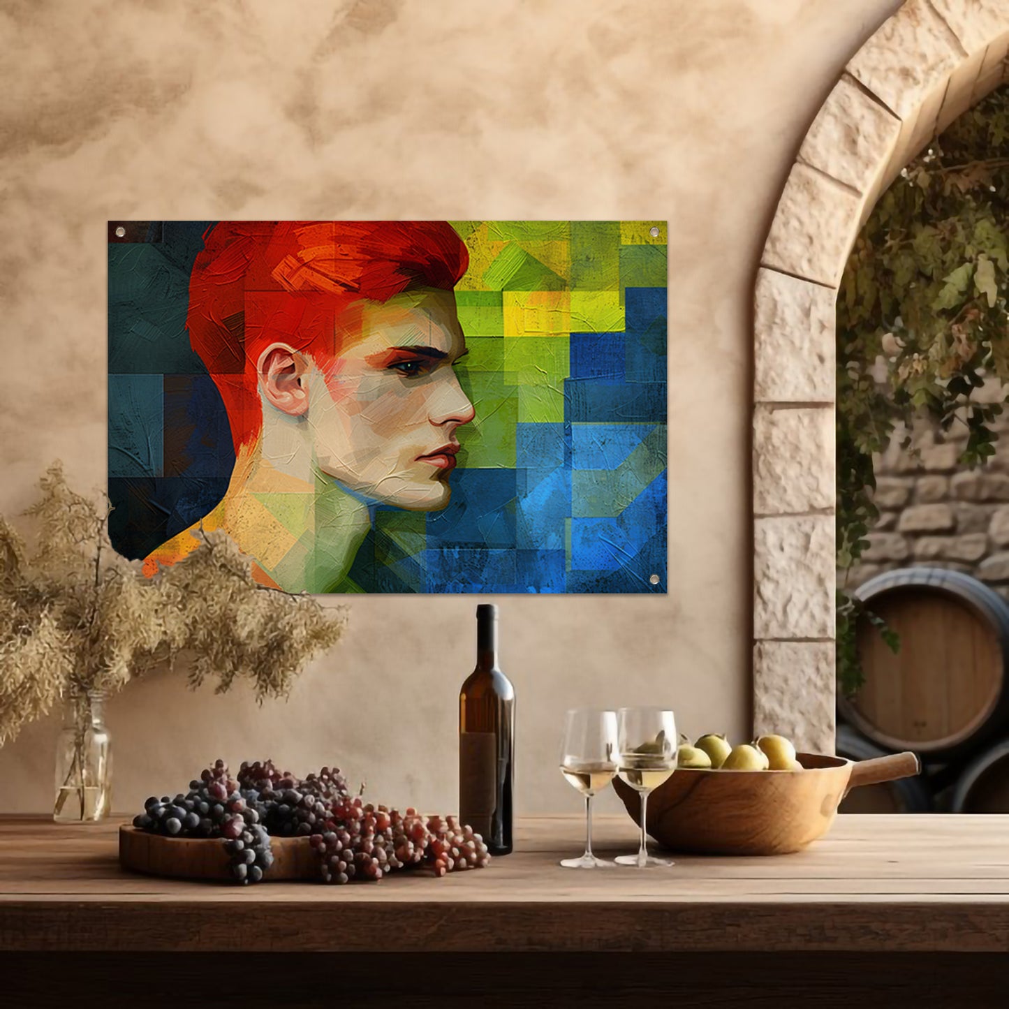 Abstract portret van man in levendige kleuren tuinposter