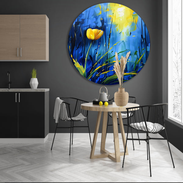 Gele tulp met abstracte blauwe achtergrond forex muurcirkel
