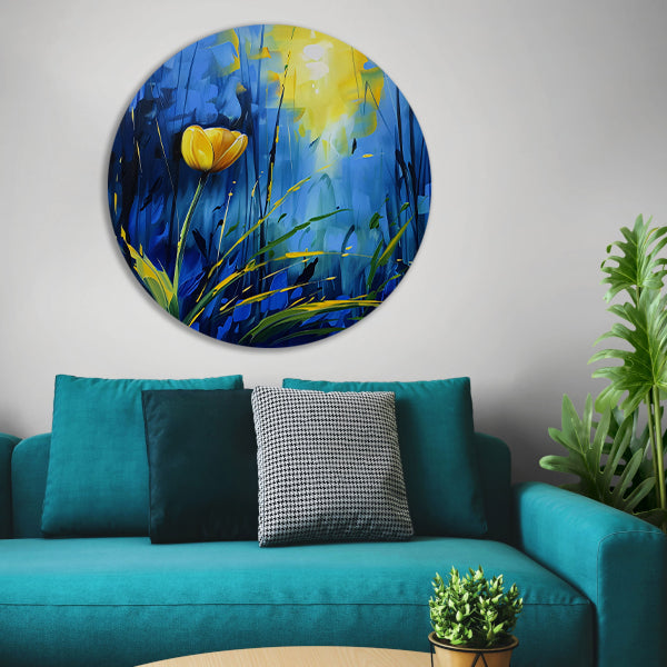 Gele tulp met abstracte blauwe achtergrond forex muurcirkel