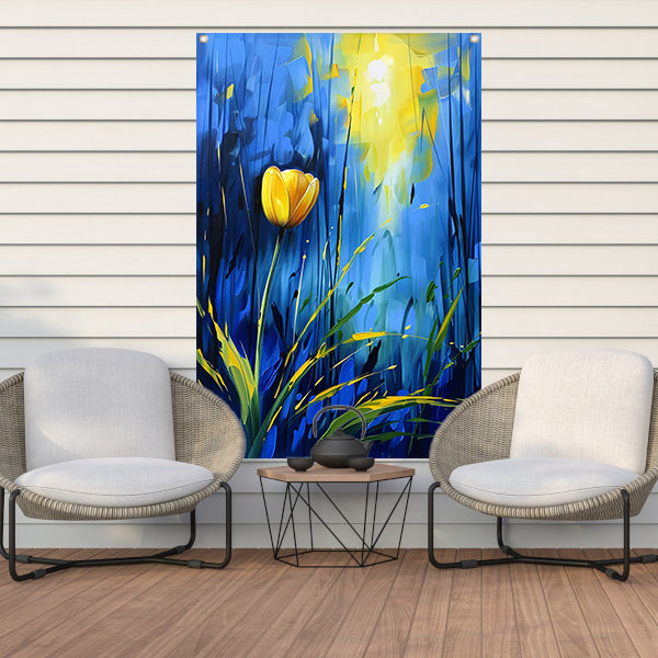 Gele tulp met abstracte blauwe achtergrond tuinposter