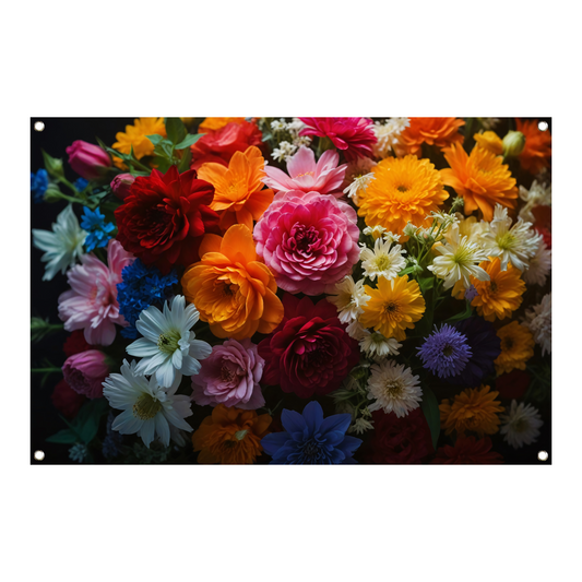 Levendige Bloemendiversiteit op Donkere Achtergrond tuinposter