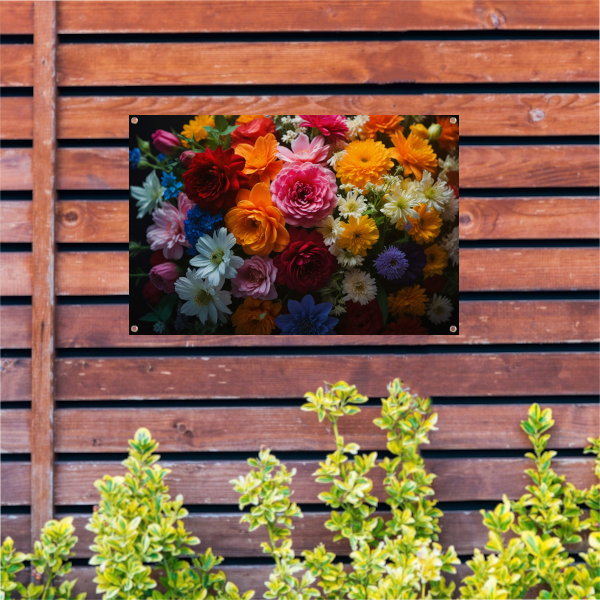 Levendige Bloemendiversiteit op Donkere Achtergrond tuinposter