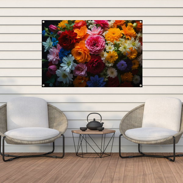 Levendige Bloemendiversiteit op Donkere Achtergrond tuinposter