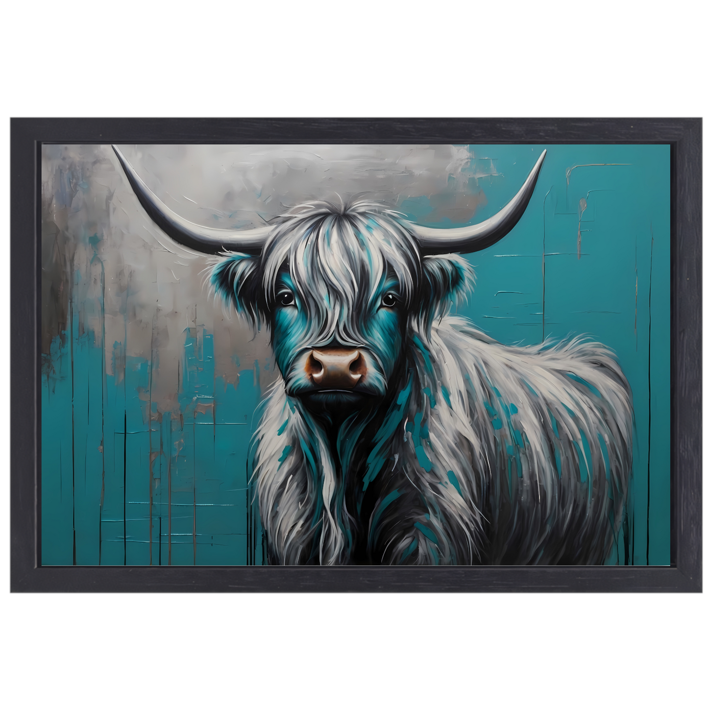 Turquoise en Zilver Hooglander Portret canvas met baklijst