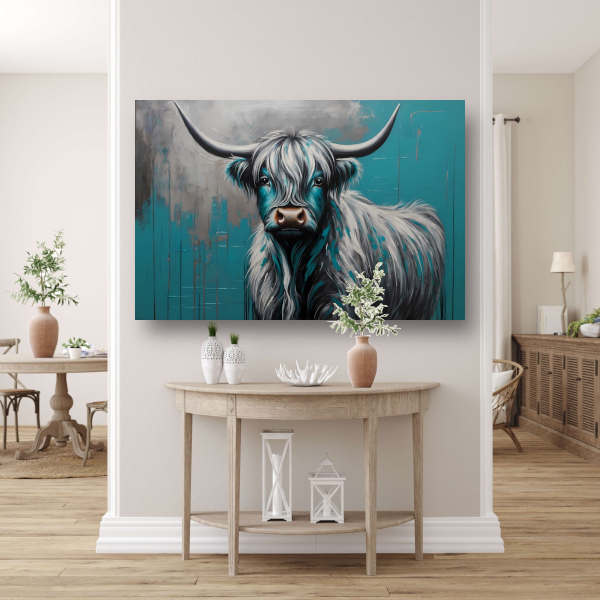 Turquoise en Zilver Hooglander Portret canvas