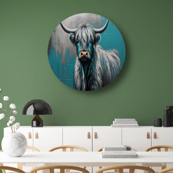 Turquoise en Zilver Hooglander Portret aluminium muurcirkel