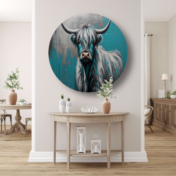 Turquoise en Zilver Hooglander Portret aluminium muurcirkel