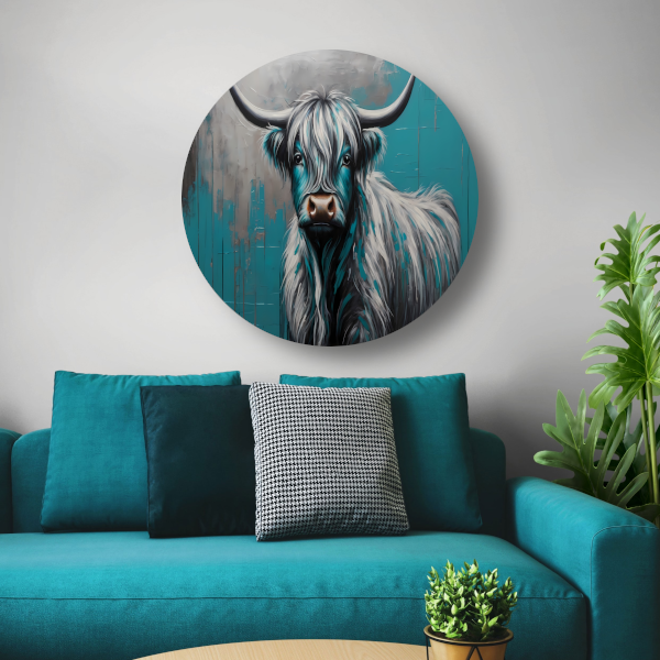 Turquoise en Zilver Hooglander Portret aluminium muurcirkel