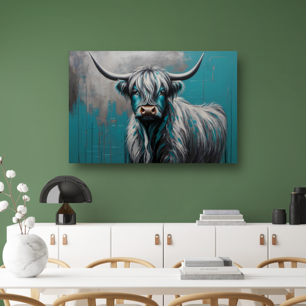 Turquoise en Zilver Hooglander Portret canvas met baklijst