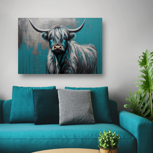 Turquoise en Zilver Hooglander Portret canvas met baklijst