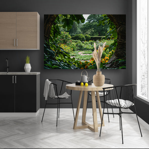 Geheime tuin met stenen boog acrylglas
