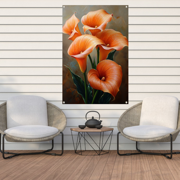 Elegante Oranje Calla Lelies op Schilderij tuinposter