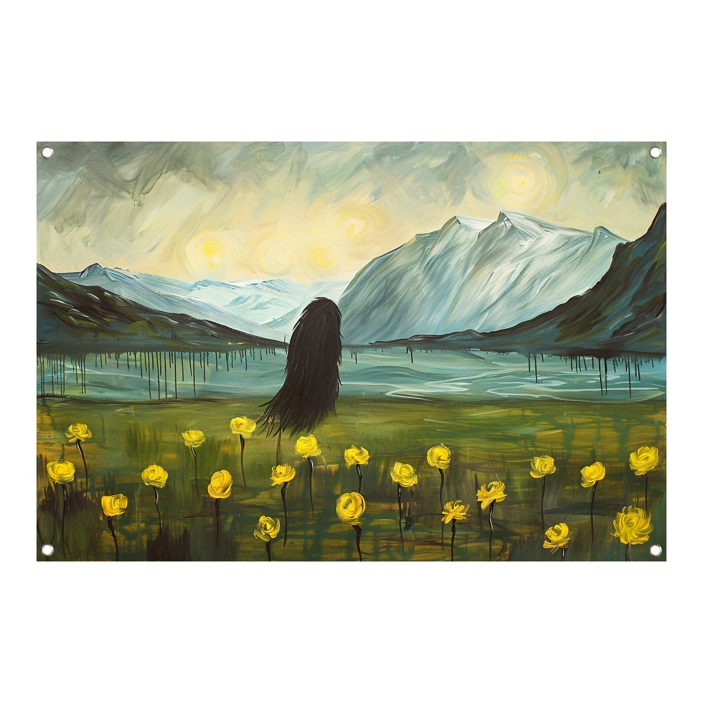 Abstract schilderij van berglandschap met bloemen tuinposter